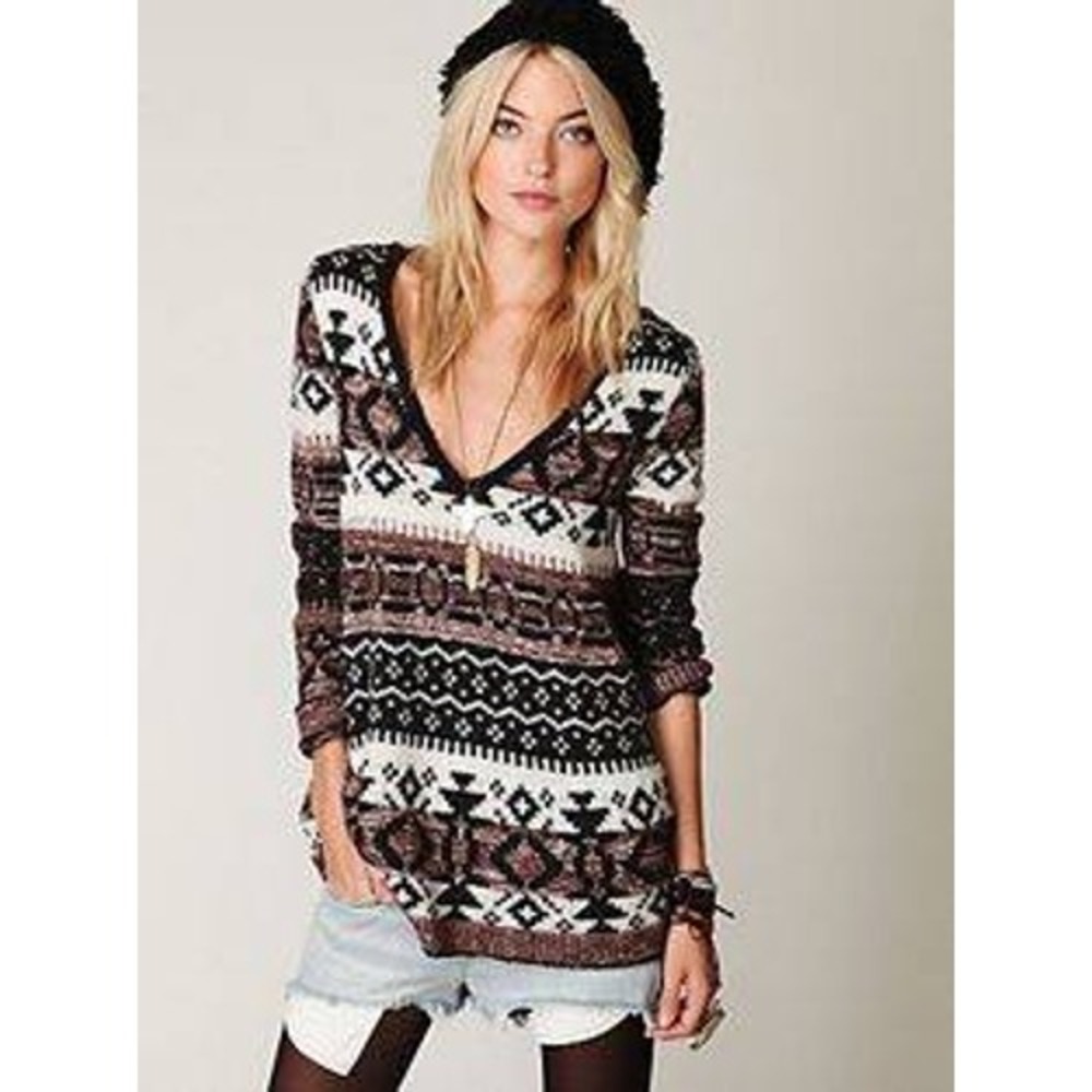 Free People Tunic Sweater Womens S Brown Excellent Southwestern V-Neck Knit